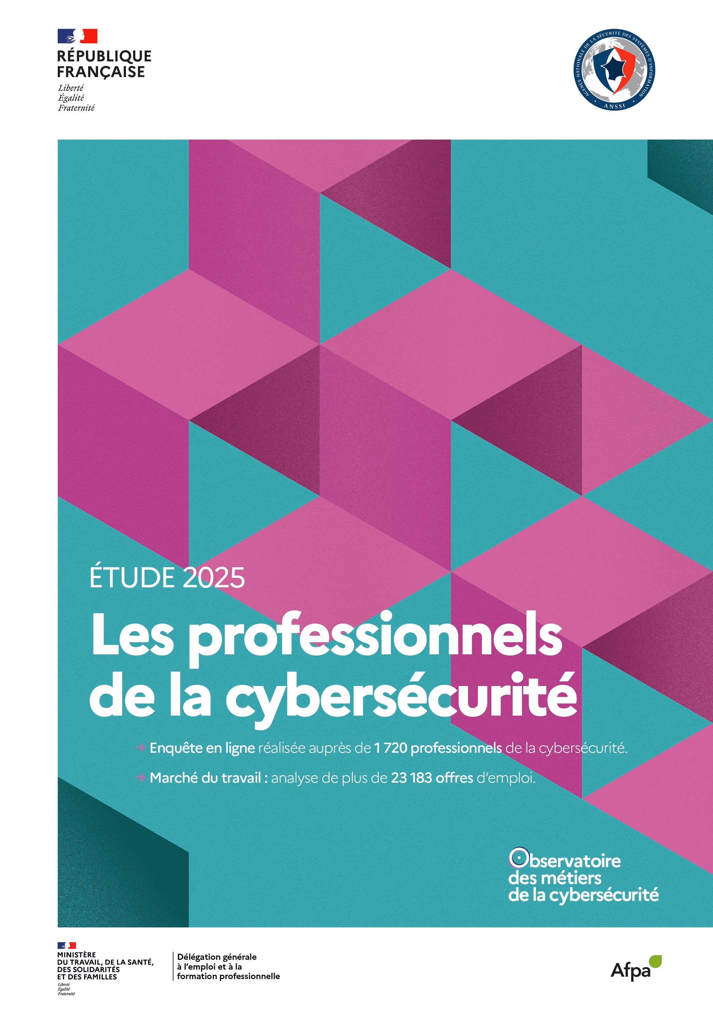Couverture d'un rapport officiel du gouvernement français intitulé Les Profils de la Cybersécurité, Enquête 2021, avec un fond bleu géométrique.