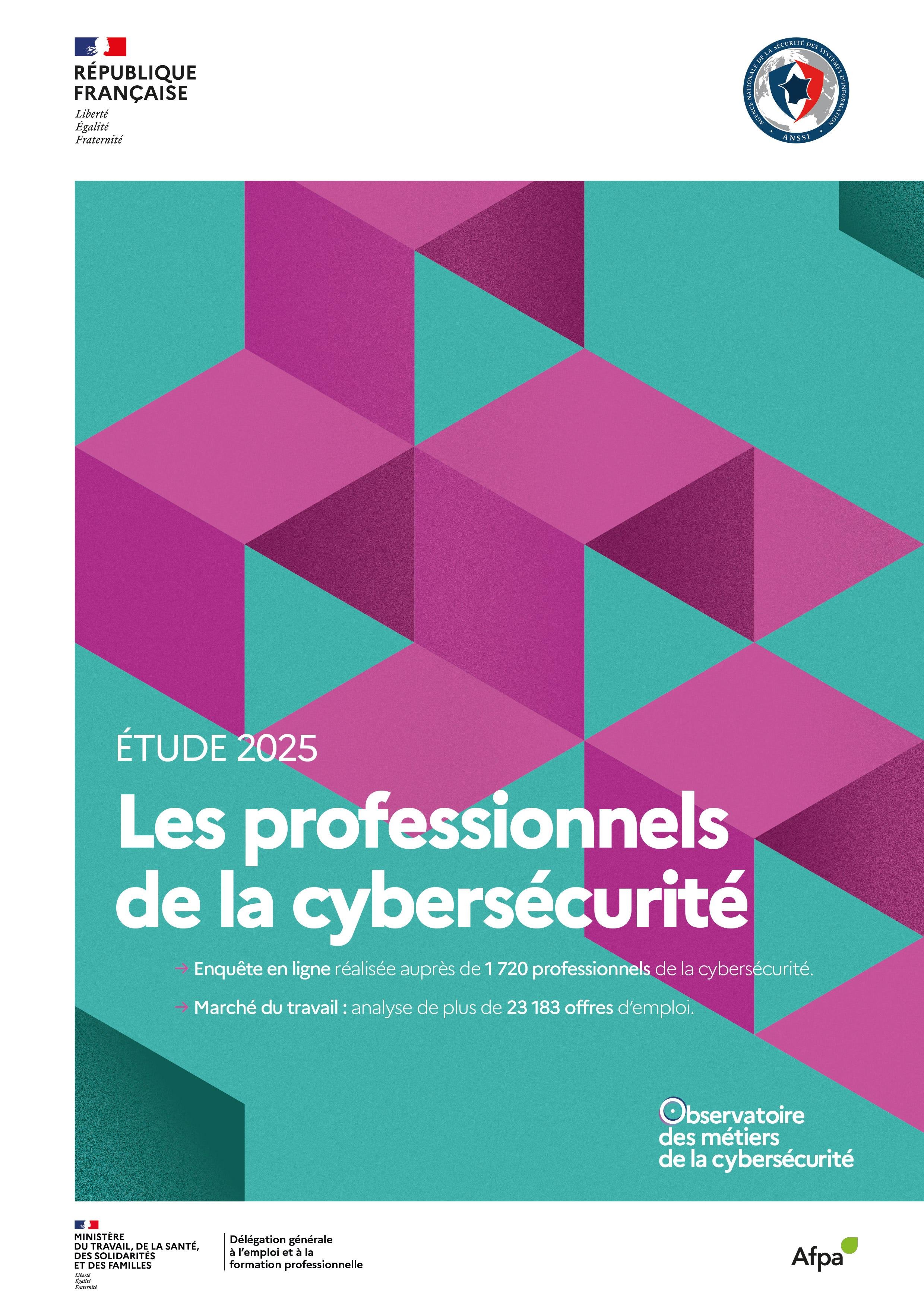 Couverture d'un rapport officiel du gouvernement français intitulé Les Profils de la Cybersécurité, Enquête 2021, avec un fond bleu géométrique.