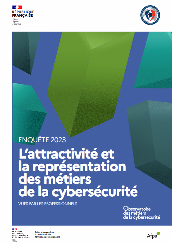 Couverture d'un rapport du Gouvernement intitulé Les profils de la cybersécurité, enquête 2021 avec un fond bleu géométrique.