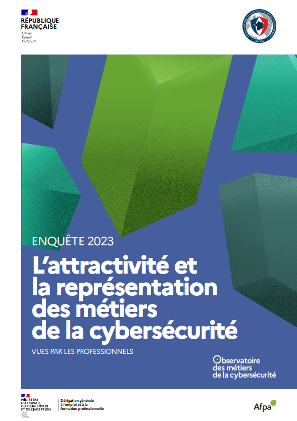 Couverture d'un rapport du Gouvernement intitulé Les profils de la cybersécurité, enquête 2021 avec un fond bleu géométrique.