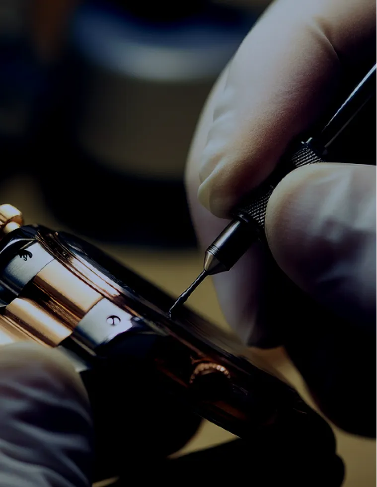 Close-up of a watchmaker wearing gloves using a precision tool to work on the mechanism of a luxury wristwatch.