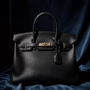 Black leather handbag with gold hardware on a dark blue fabric background.