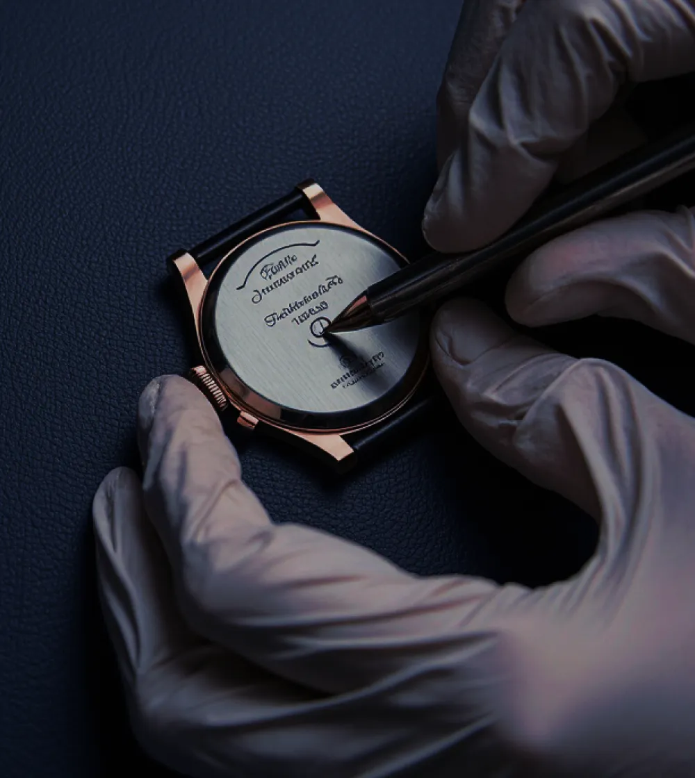 Gloved hands engraving text on the back of a wristwatch with a pen-like tool.