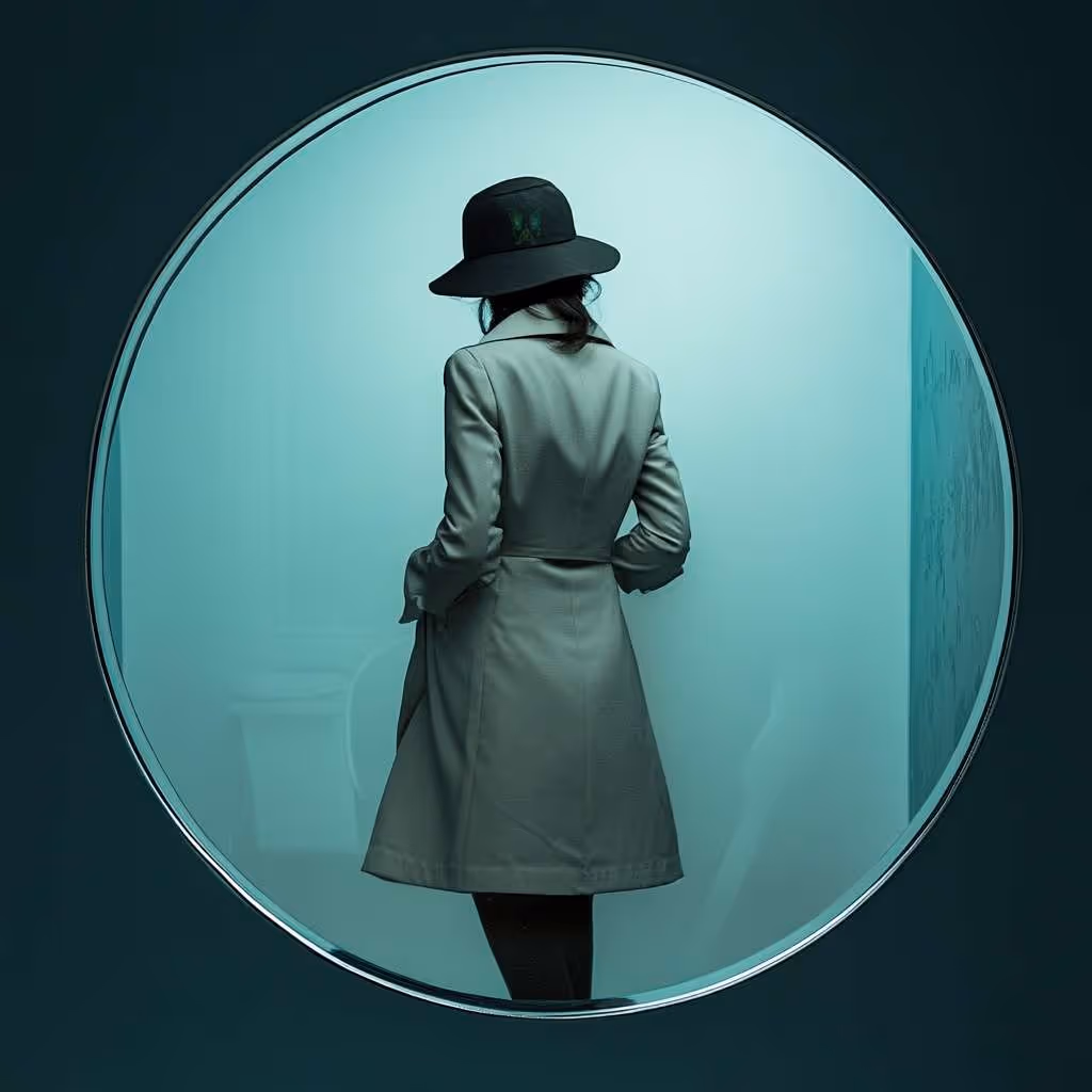 Astrid Aillume standing at a circular doorway facing blue light with darkness behind her.