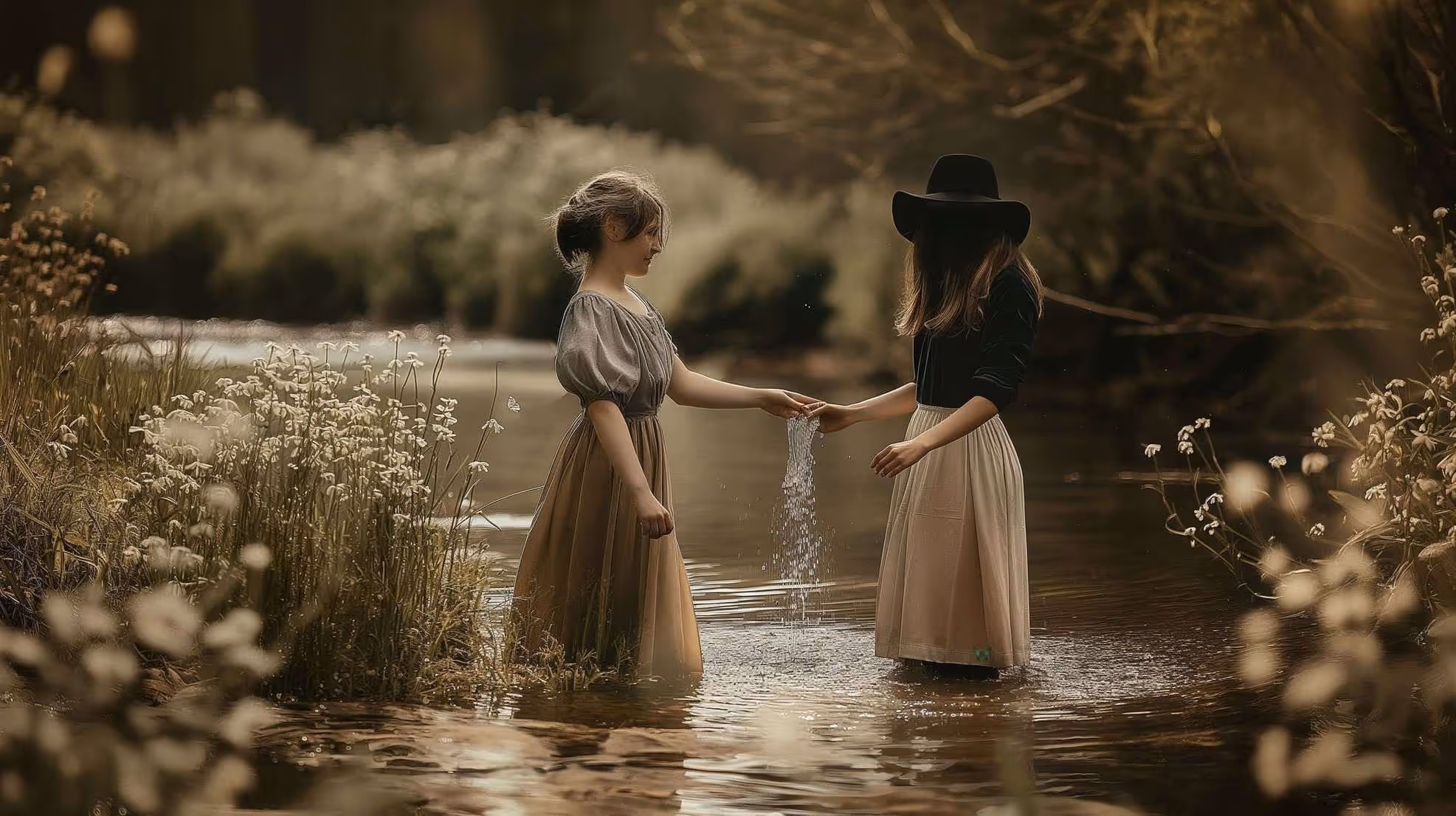 Astrid Aillume playing in a stream with a girl dressed in nineteenth century English clothing.