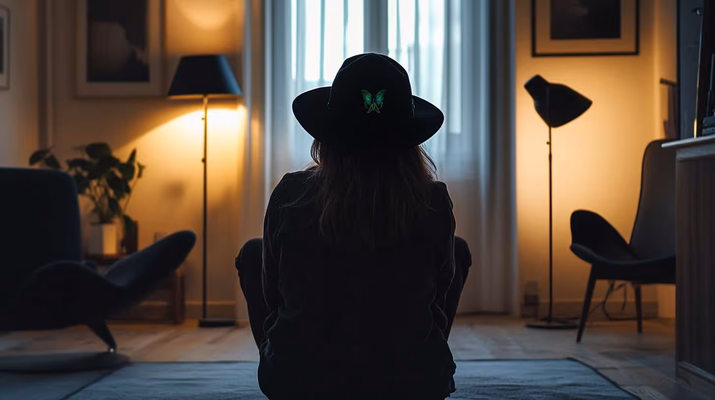 Astrid Aillume sitting in a living room at dusk facing a window with two floor lamps on.