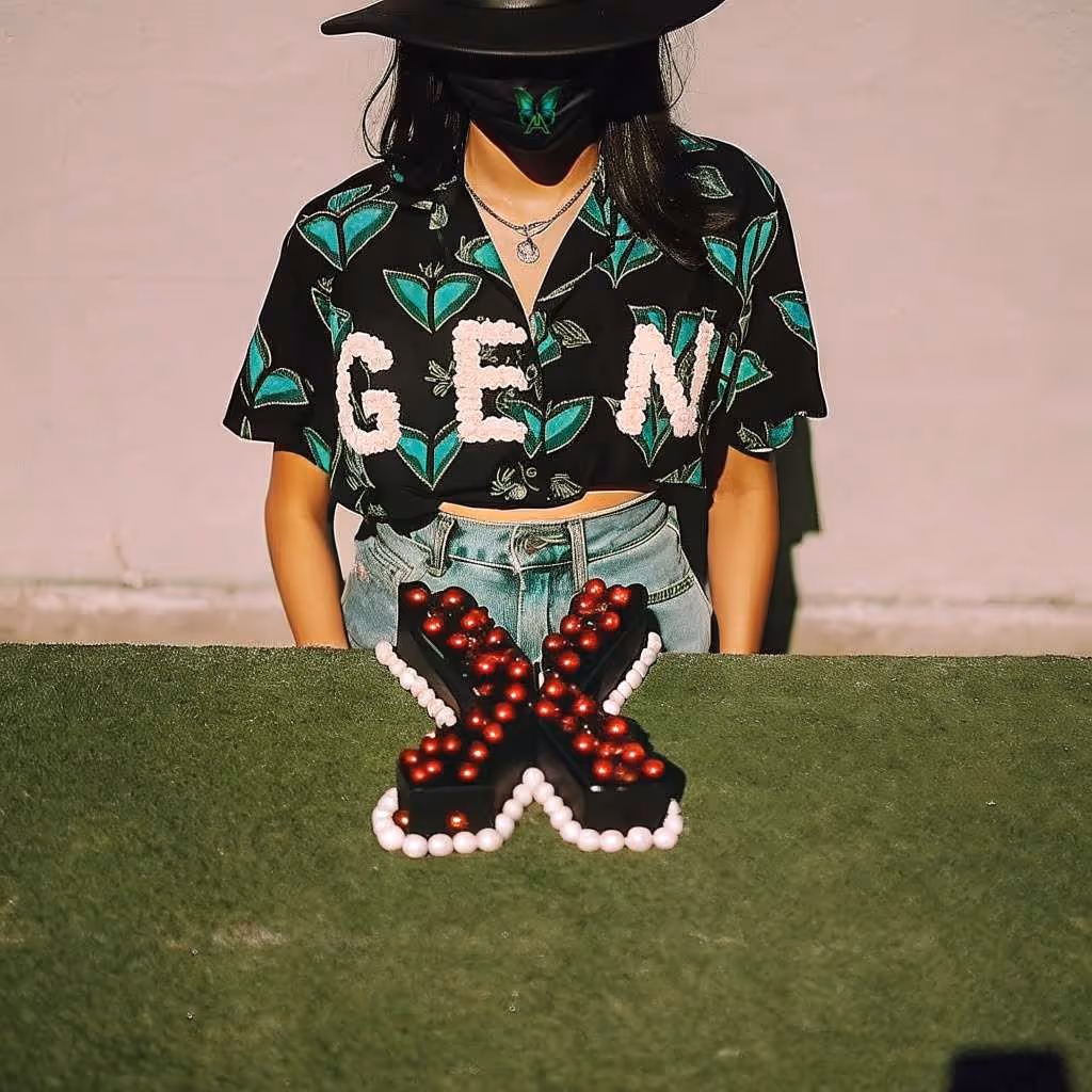 Astrid Aillume looking at a red cake shaped like the letter X on a table.