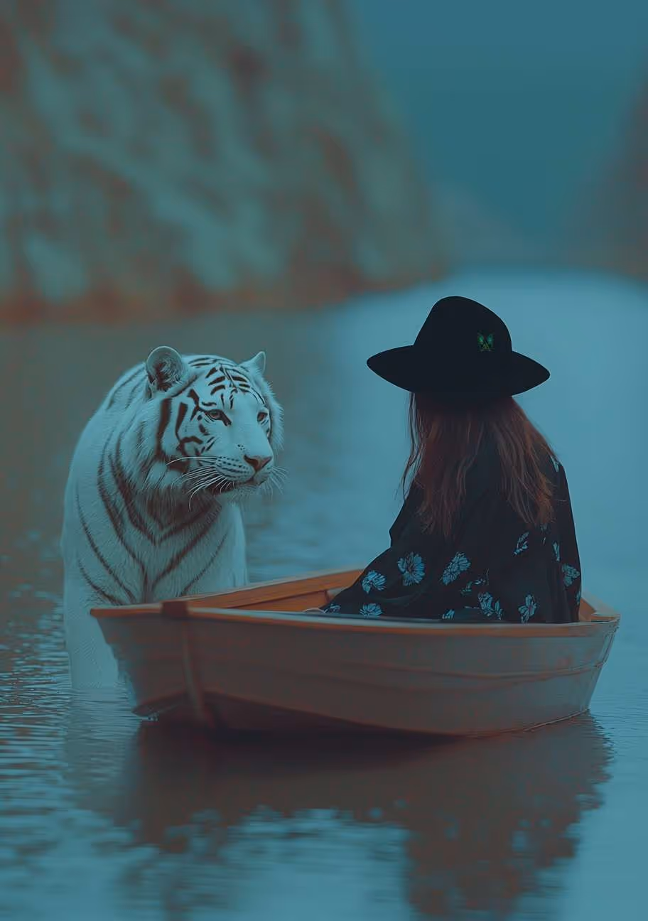 Astrid Aillume sitting calmly on a lake canoe locking eyes with a white tiger.
