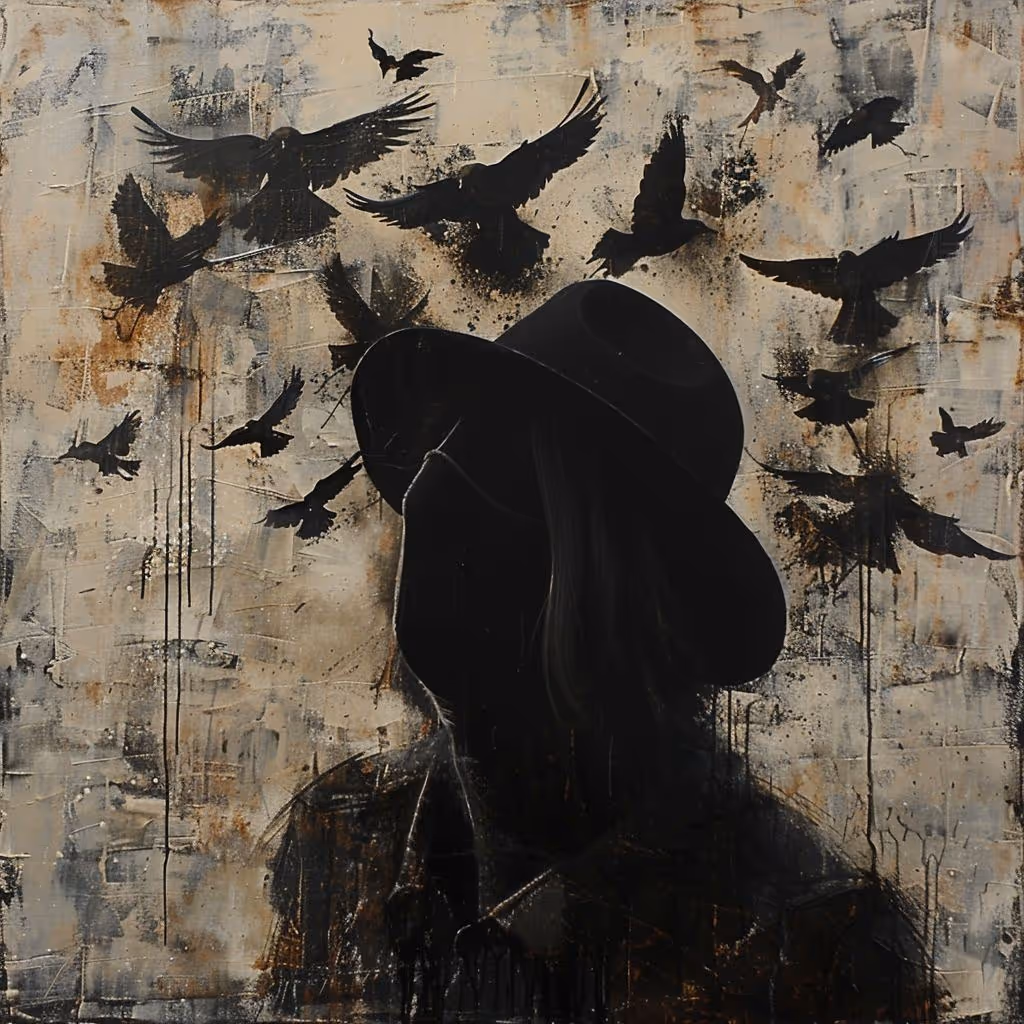 Astrid Aillume gazing upward as black birds circle overhead.