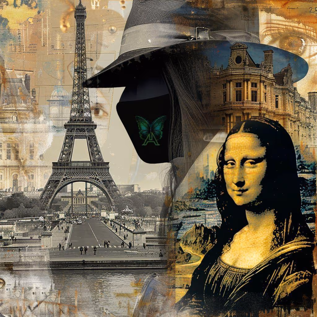 Astrid Aillume standing behind the Mona Lisa portrait with the Eiffel Tower behind them.