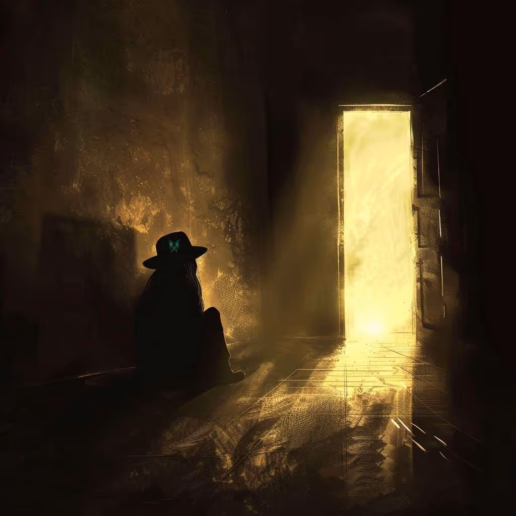 Astrid Aillume crouching indoors with a burst of bright light entering through an open door.