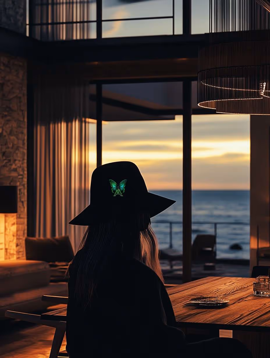 Astrid Aillume seated in a villa hall at sunset watching the view outside.