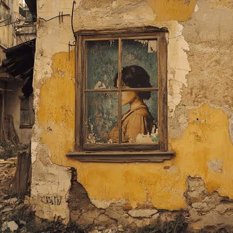 A girl standing behind a window on a weathered yellow wall.