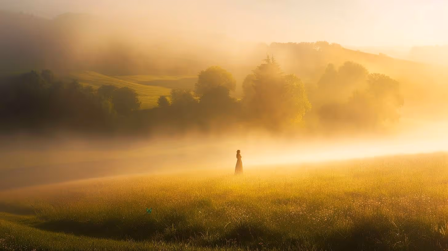 A woman standing in English morning fog as sunlight breaks through.