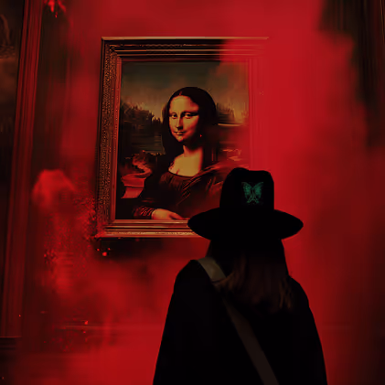 Astrid Aillume looking at the Mona Lisa smile with a red aura around her.