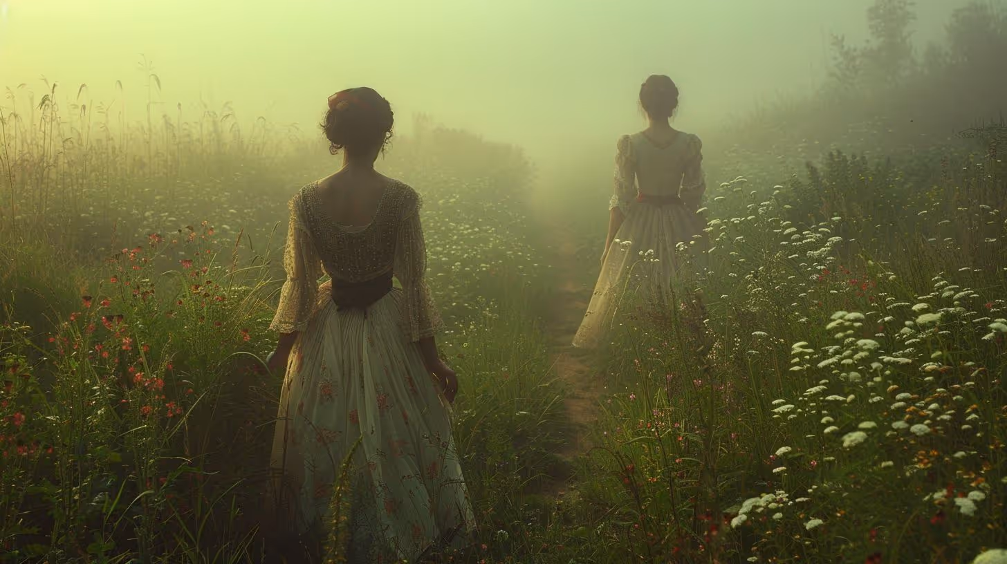 Two women in Victorian clothing walking in the English countryside at dawn.