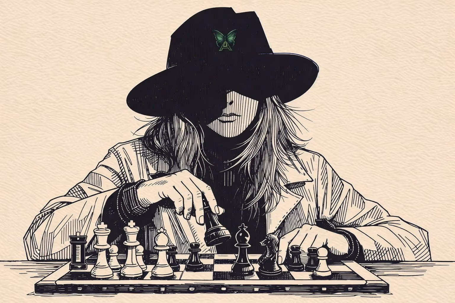 Astrid Aillume playing chess, black ink illustration of a woman in a hat focused on an international chess game