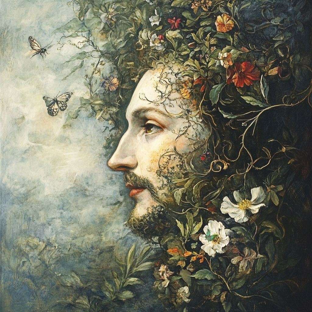Shakespeare surrounded by blooming flowers watching butterflies