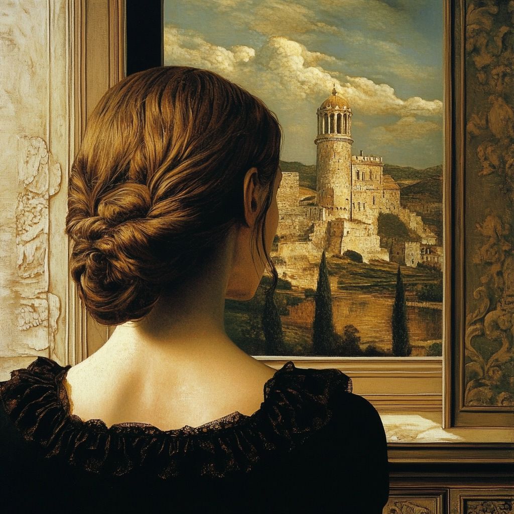Elegantly dressed woman gazing through a window toward a distant medieval castle, evoking a sense of history, longing, and quiet reflection.