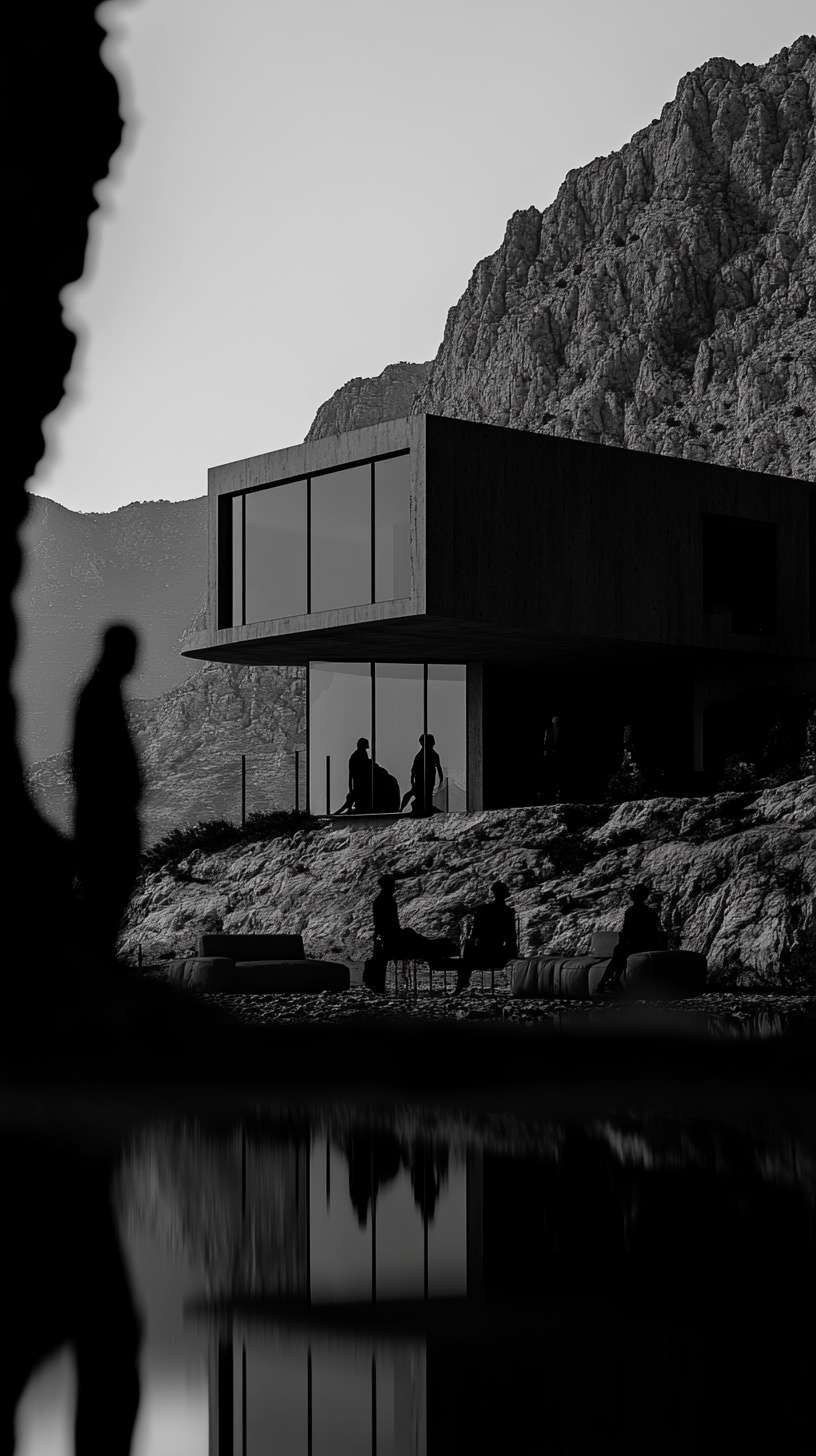 Nordic minimalist villa in black and grey tones, with shadowed human silhouettes standing nearby, creating a calm and mysterious architectural scene.