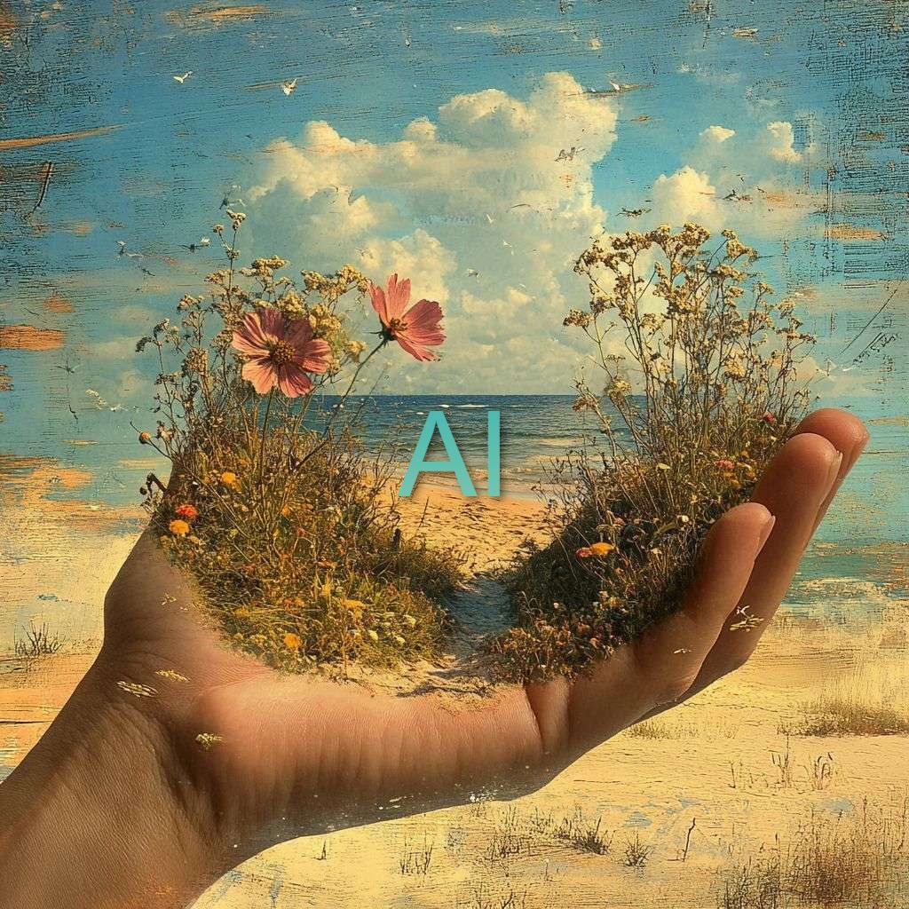A hand holding sand and flowers with the word “AI” above the palm, and the sky, ocean, and desert in the distance