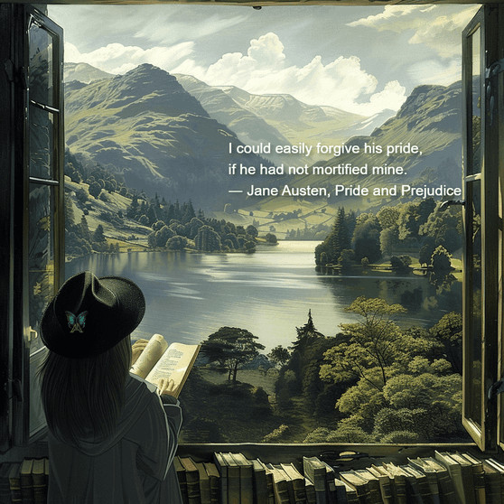 Astrid Aillume standing by a window, holding a Jane Austen book and gazing at a quiet lake.