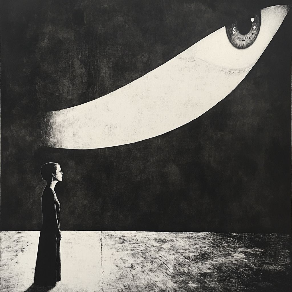 A giant, sharp eye in a dark room, staring down at a person standing below, creating an eerie and suspenseful atmosphere.