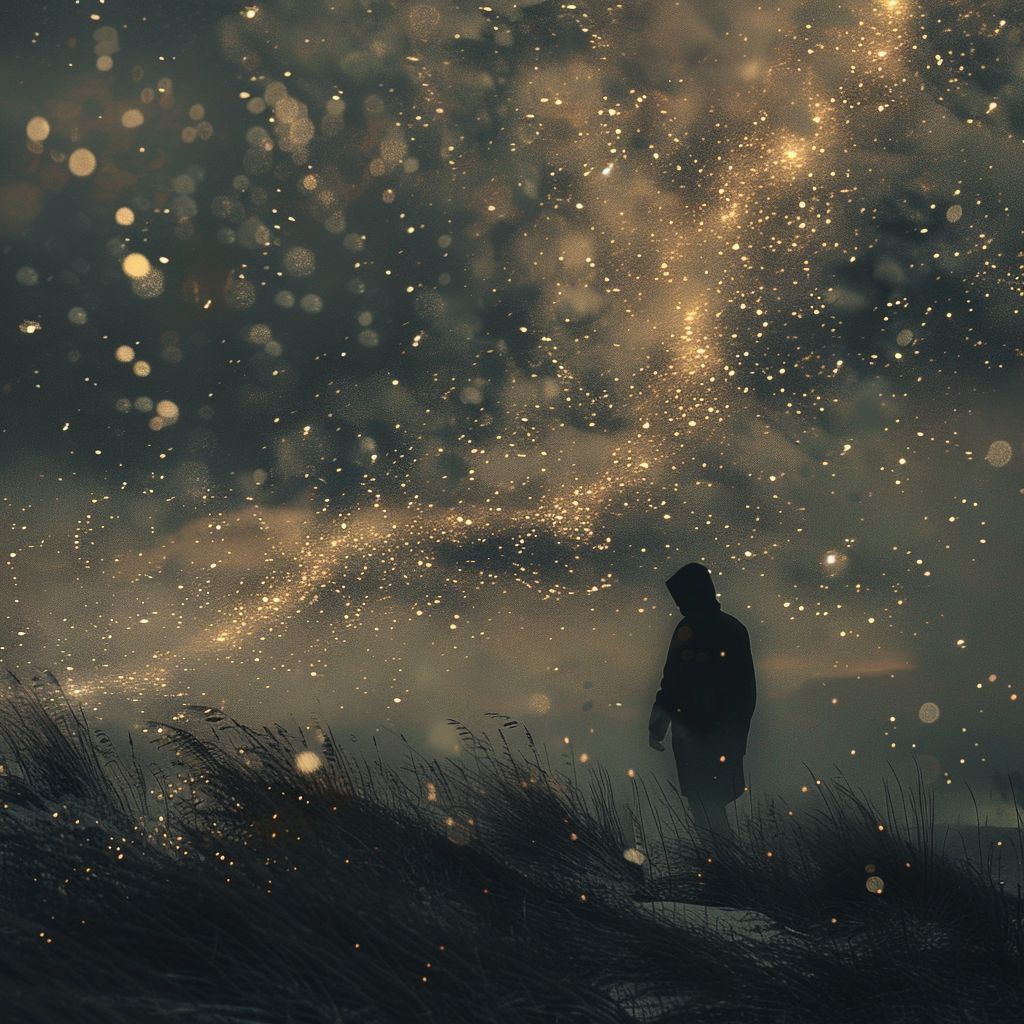 A solitary man standing on a grassy field under a glowing starry galaxy, reflecting solitude and cosmic wonder