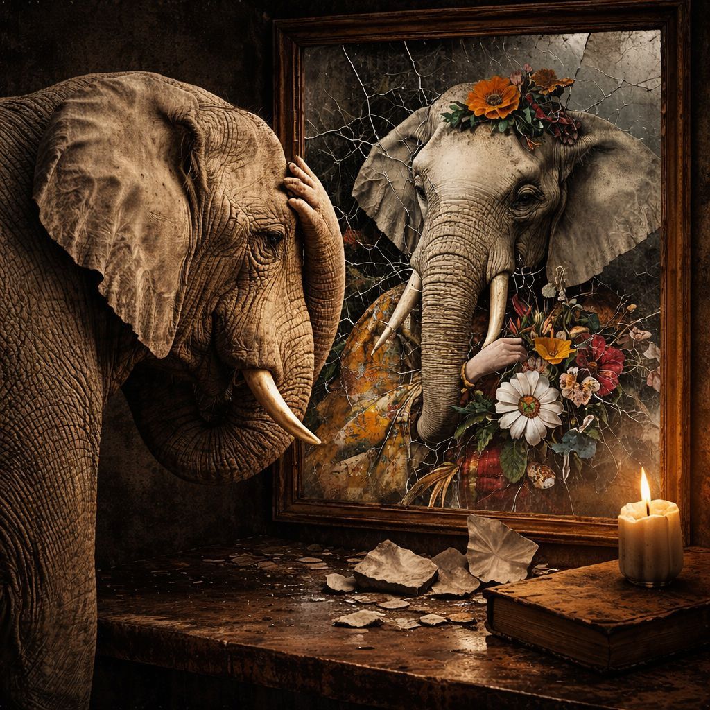 A plain elephant looks into a cracked mirror, seeing a beautifully adorned elephant reflected back, symbolizing self-deception and inner truth inspired by Dostoevsky.