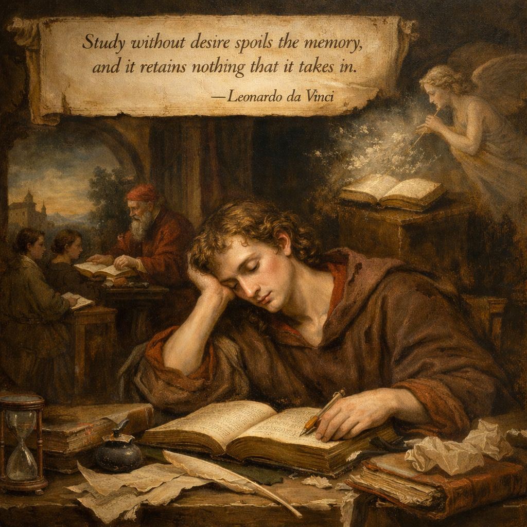 Renaissance-style painting inspired by Leonardo da Vinci’s quote “Study without desire spoils the memory,” depicting a weary scholar studying without passion
