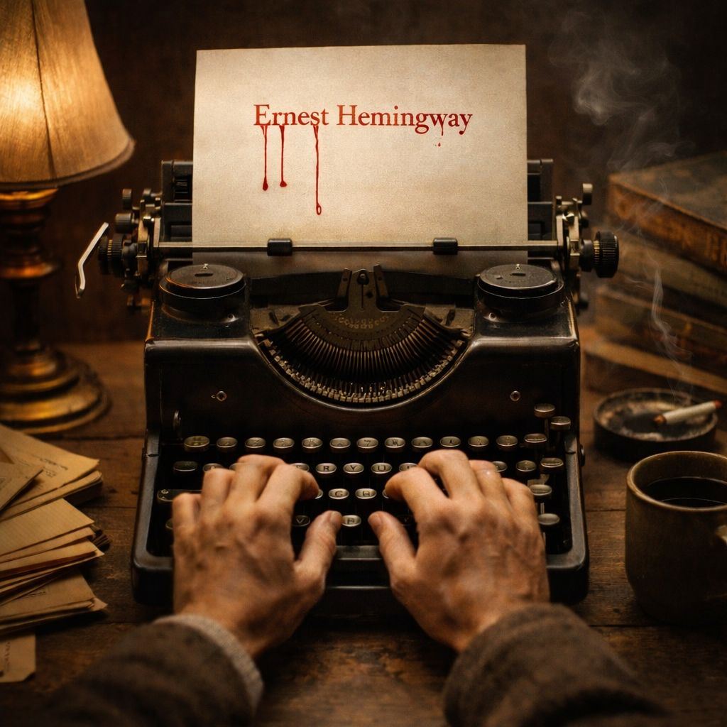 A vintage typewriter with the name Ernest Hemingway typed in red ink, dripping down the page, symbolizing the cost and discipline of writing