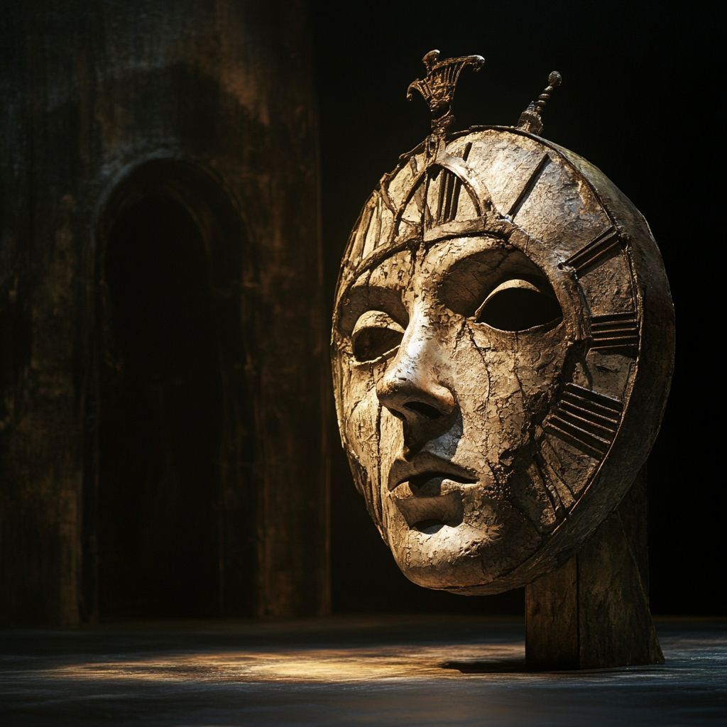 A stage featuring a giant stone face clock without eyes pierced by a sword.