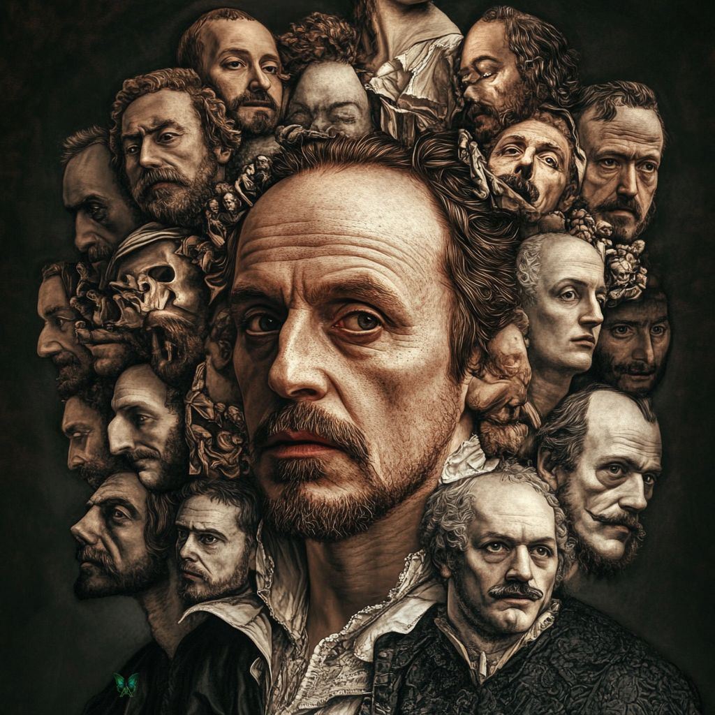 A symbolic portrait of William Shakespeare surrounded by multiple faces, representing human nature, inner conflict, and timeless characters.