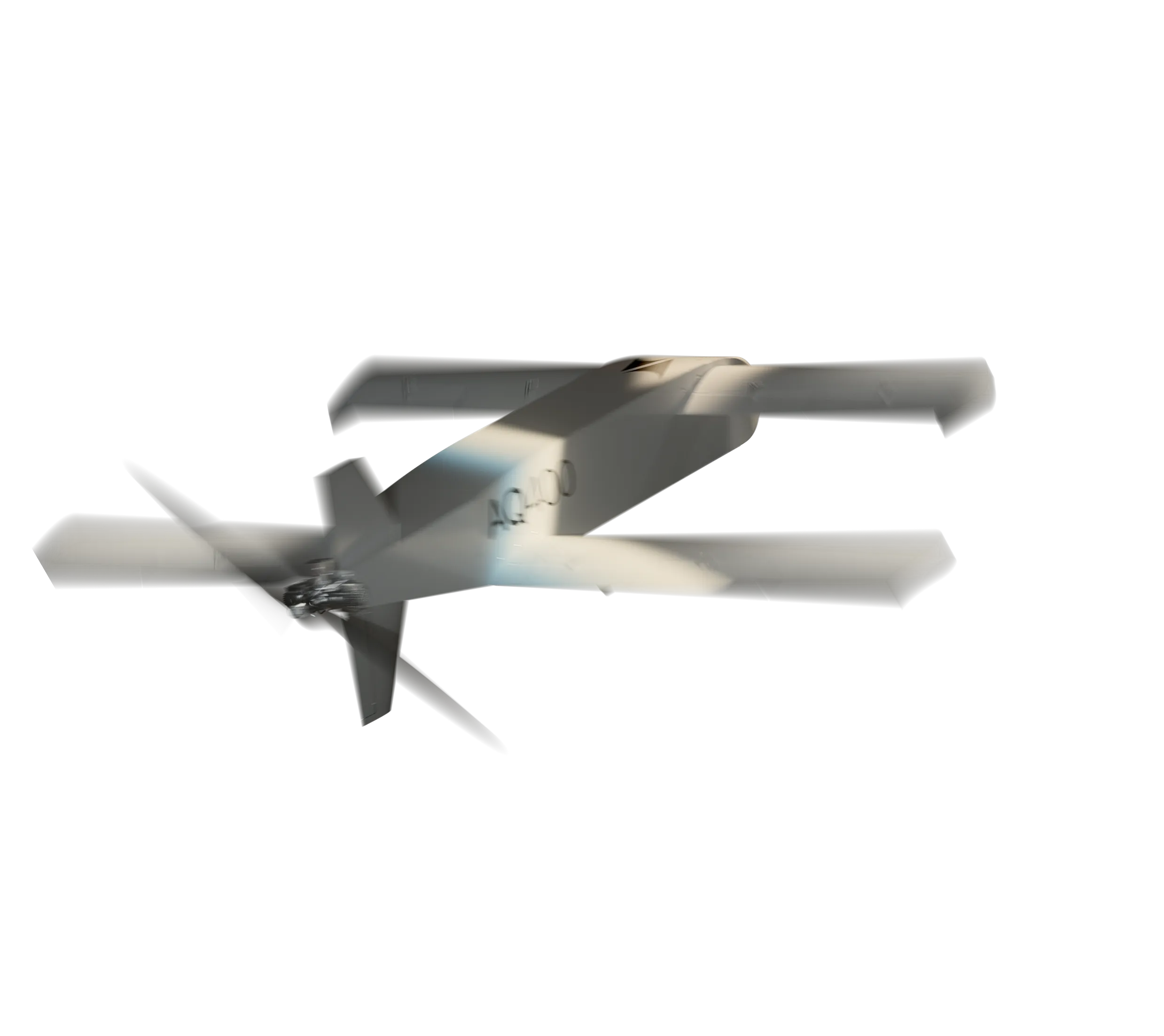 White drone with four horizontal propeller blades viewed from the rear against a black background.