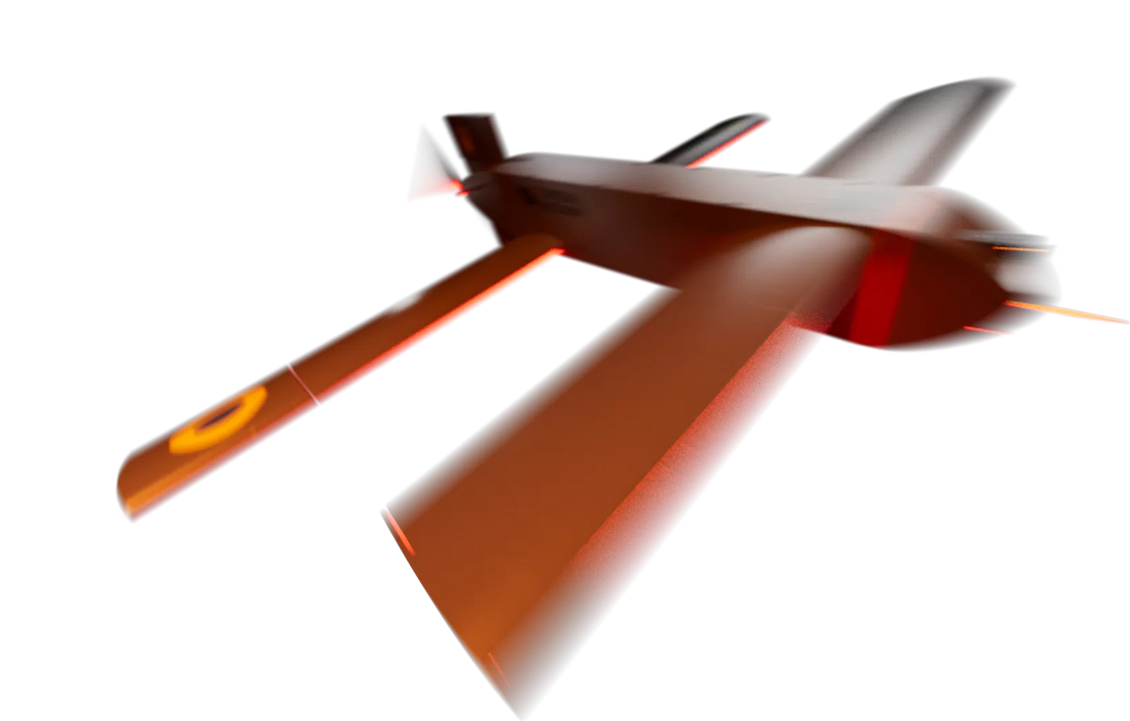 Close-up of a drone or model airplane with orange wings glowing against a black background.