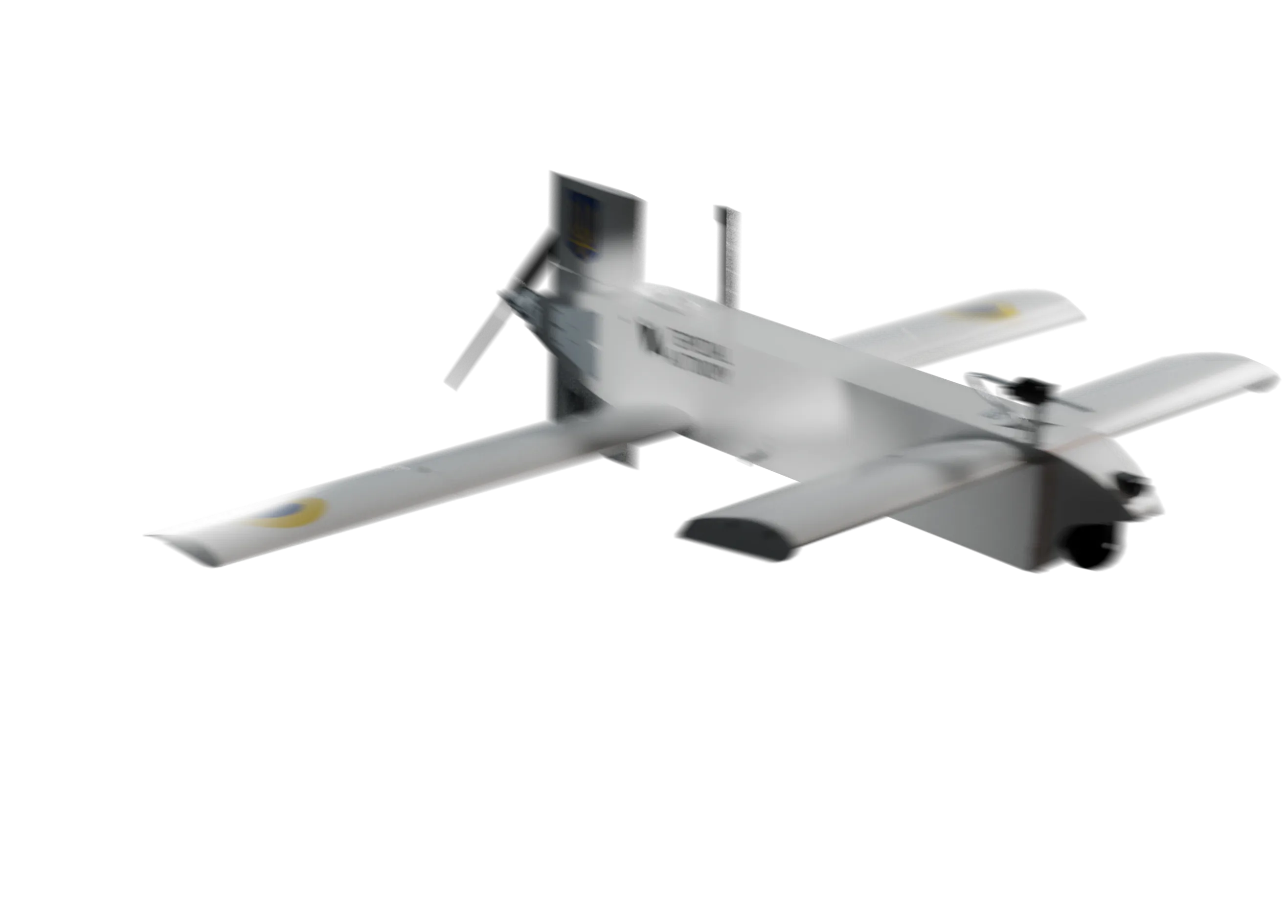 White drone with twin tail booms and Ukrainian insignia on wings and tail flying against a black background.