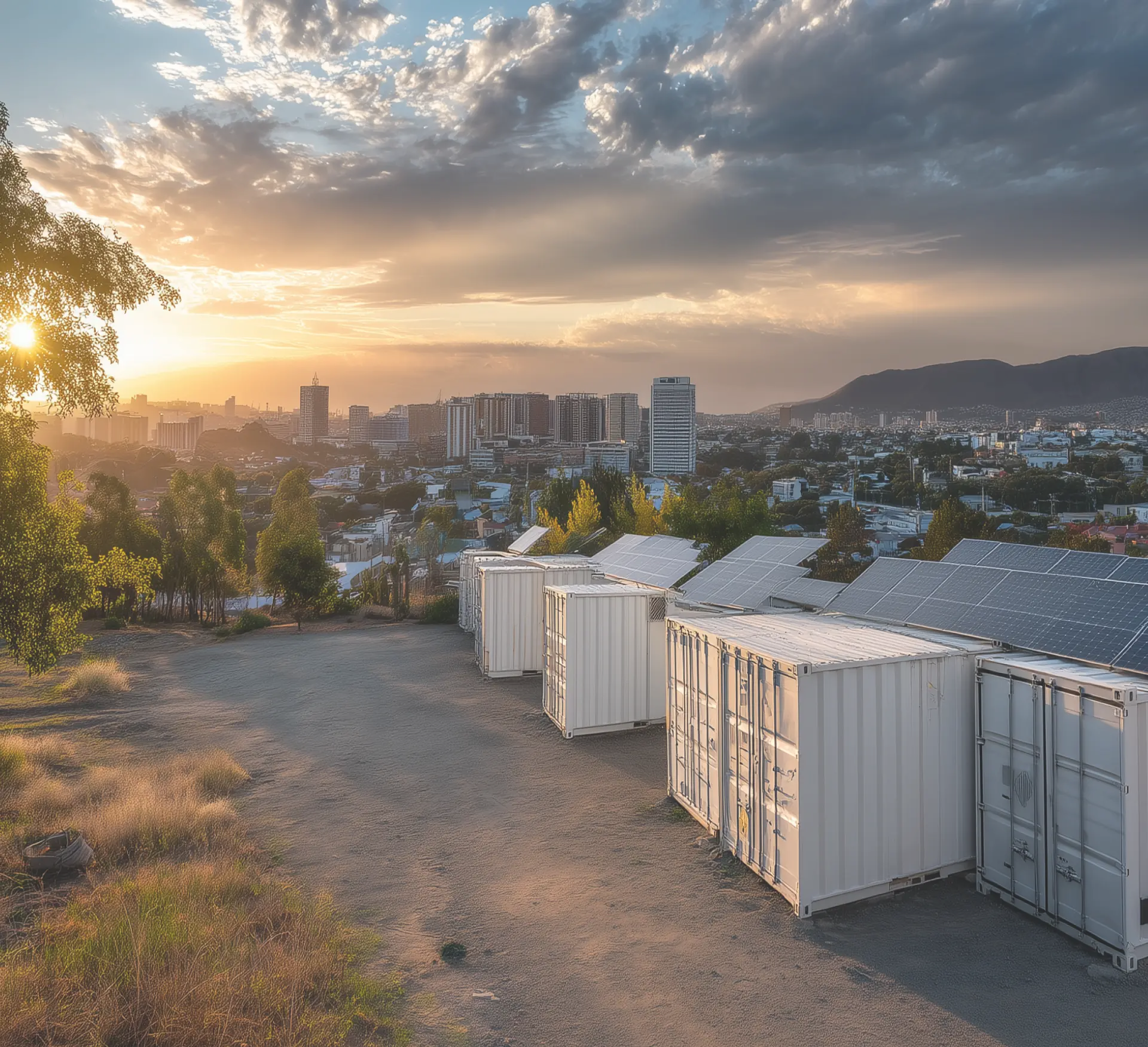 Energy storage containers on a hillside