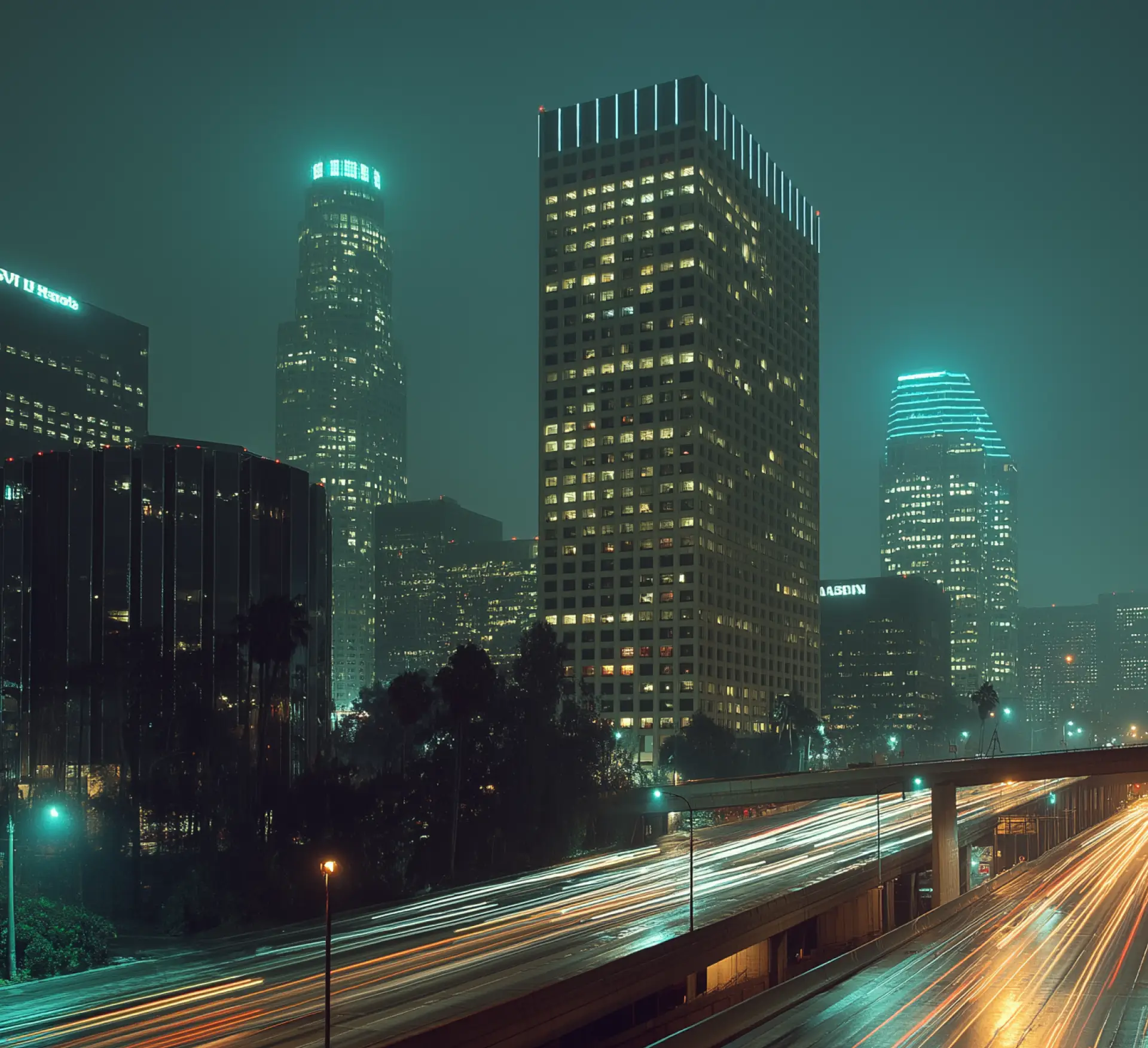 A night view of downtown Los Angeles with the freeway in the foreground