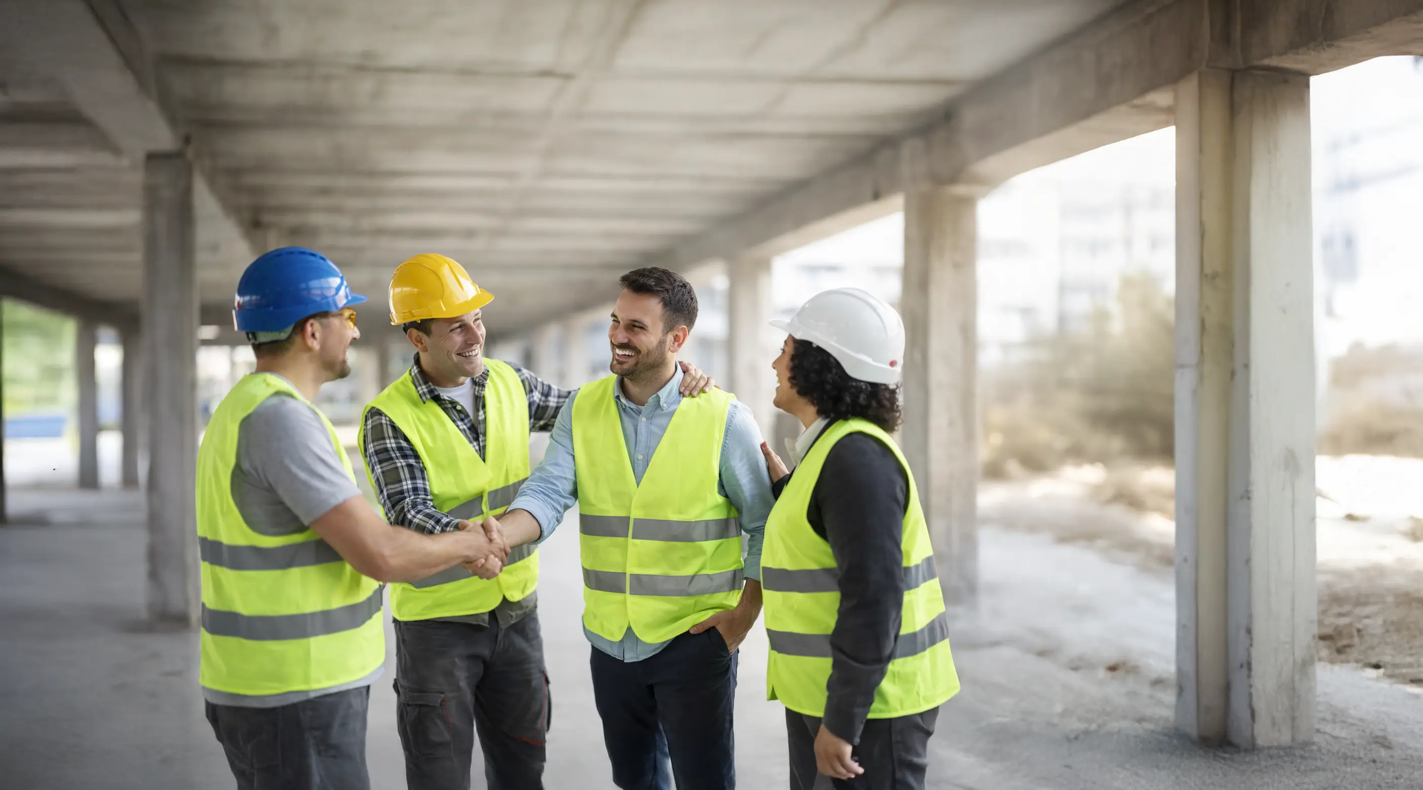 Bauarbeiter und Ingenieure in Sicherheitswesten und Helmen begrüßen sich auf einer Baustelle.