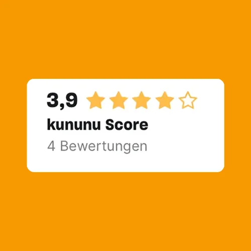 Kununu Score Bewertung 3,9 von 5 Sternen basierend auf 4 Bewertungen auf orangen Hintergrund.