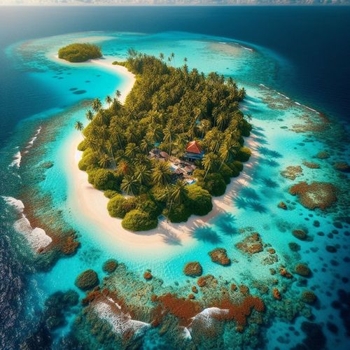 Aerial view of a small tropical island with dense palm trees, white sandy beaches, and surrounding turquoise coral reefs in clear ocean water.