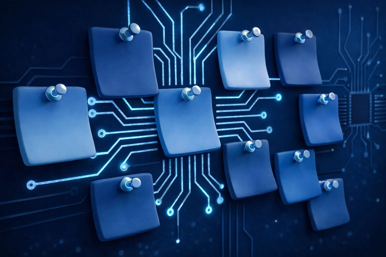 Colorful sticky notes pinned on a circuit board pattern background with glowing blue lines.