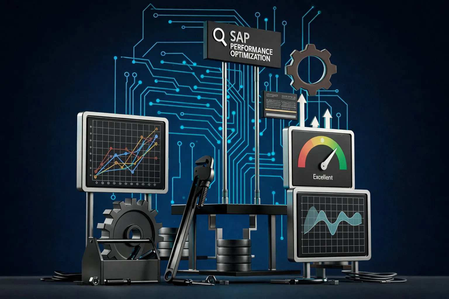 3D illustration of SEO performance optimization concept with digital charts, tools, and gear icons on a circuit board background.