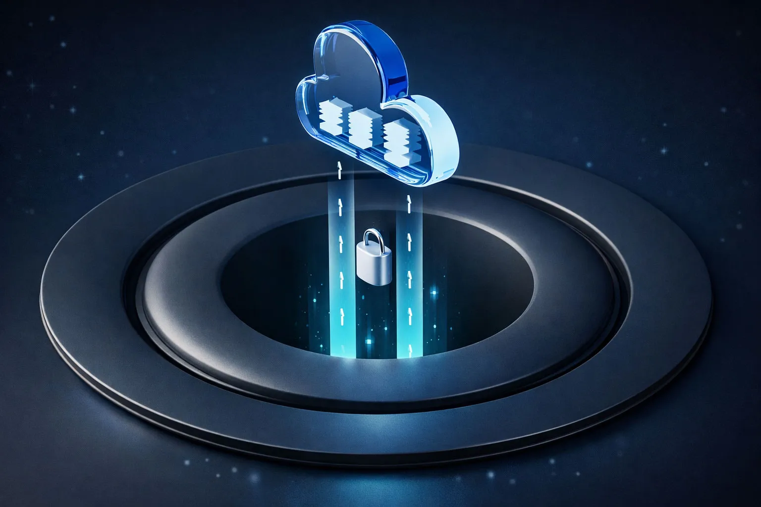 3D illustration of a blue transparent cloud icon with server stacks above a dark circular opening and a padlock symbolizing cloud data security.