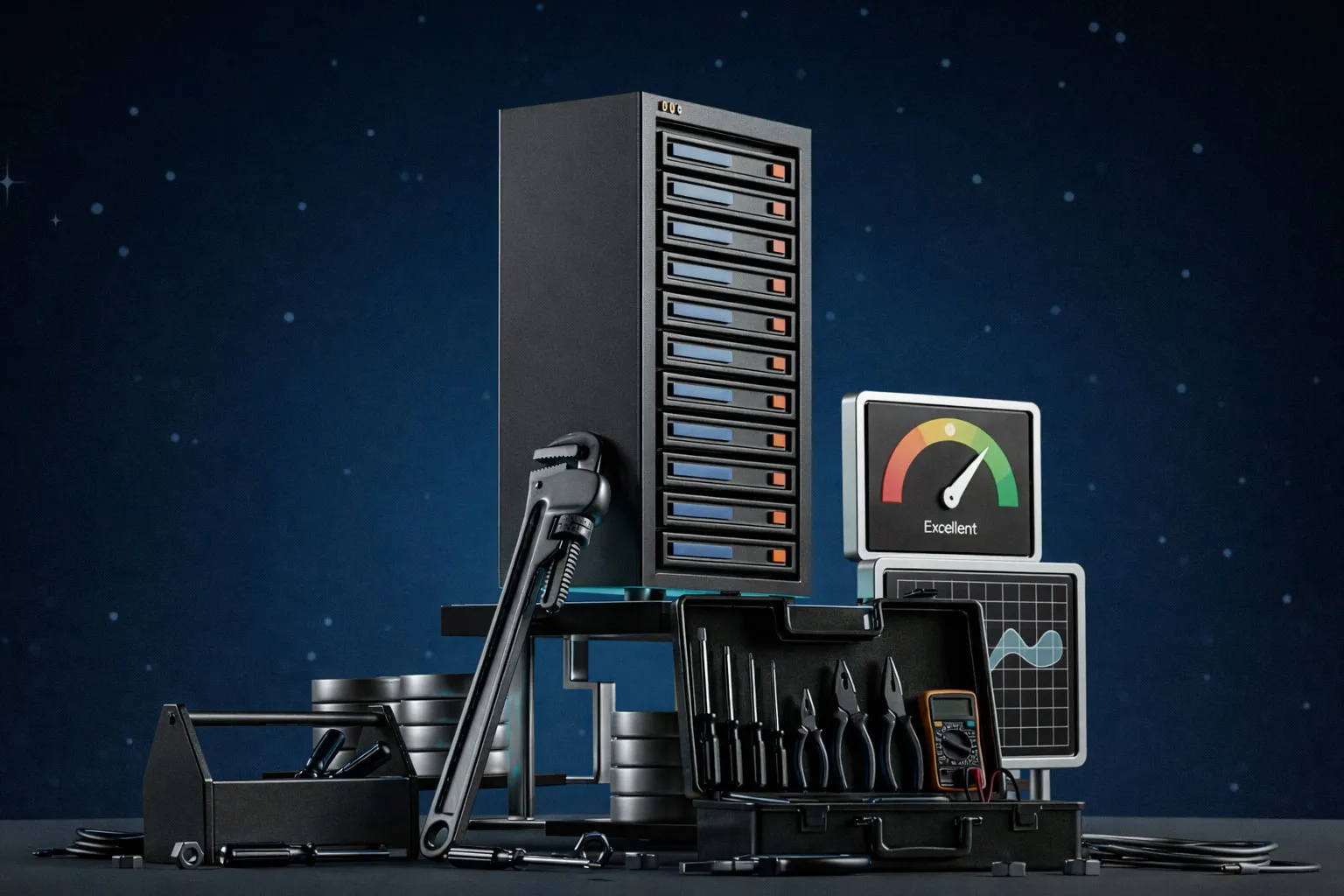 Server rack with tools including wrench, pliers, and screwdriver, and a monitor displaying an 'Excellent' performance gauge.