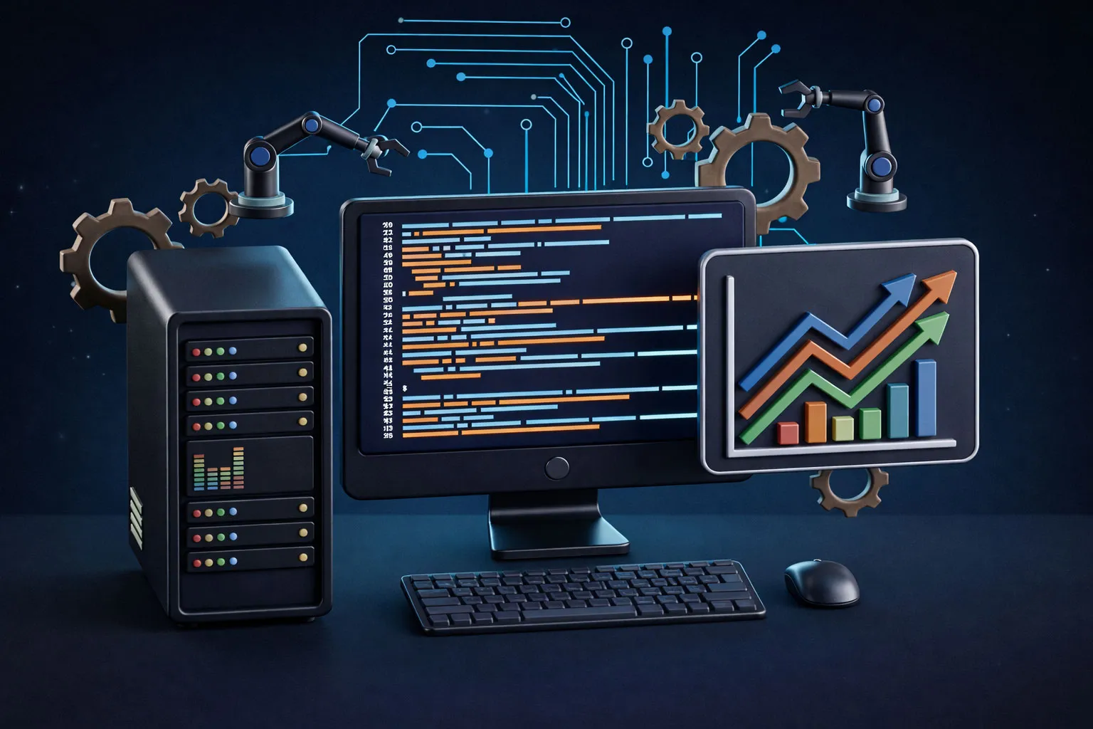 Computer workstation with coding on screen, a second screen showing a bar and line graph, a keyboard, mouse, and robotic arms with gear icons in the background.