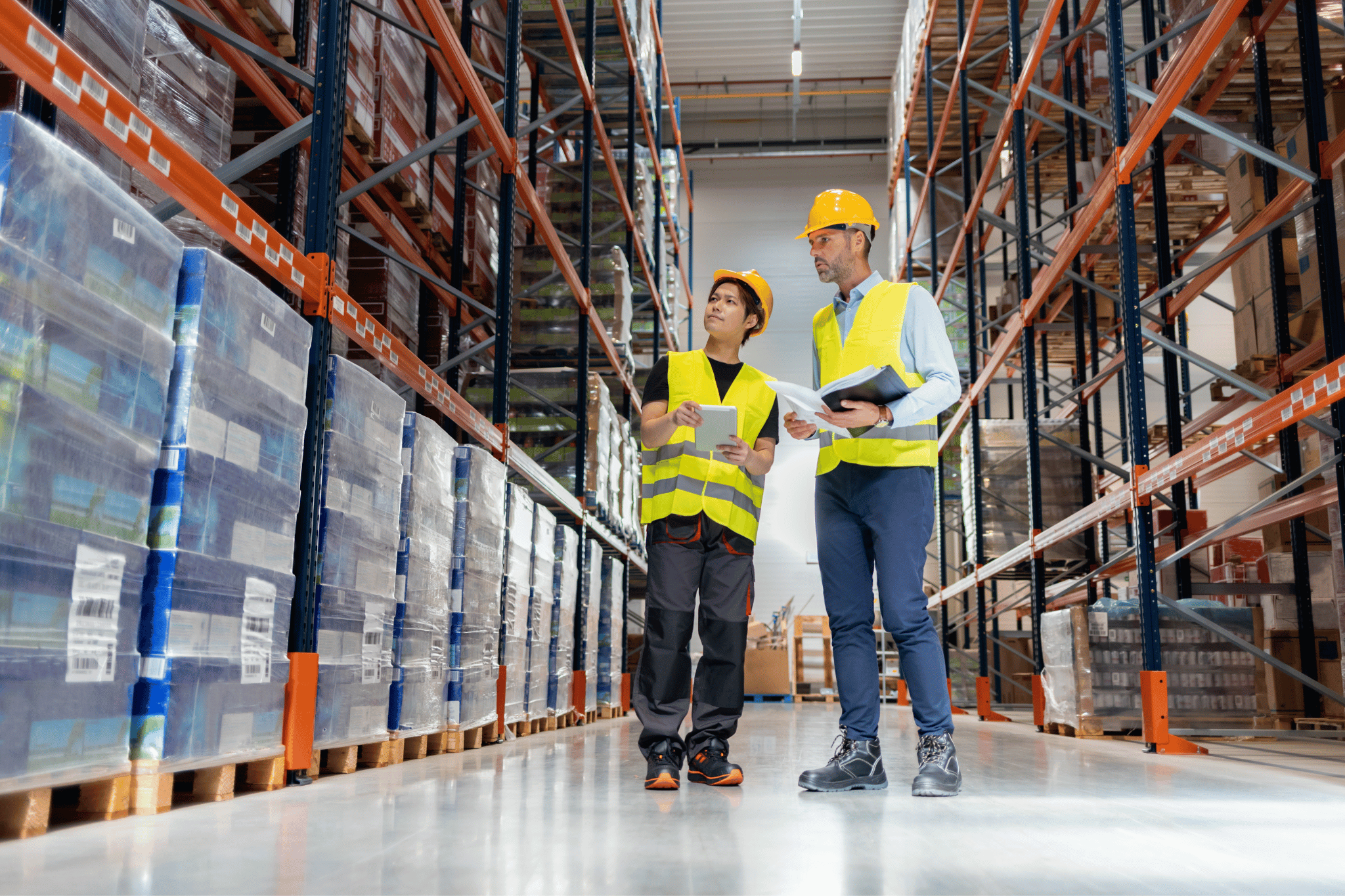 Two warehouse workers wearing yellow safety vests and helmets checking inventory on a tablet and paperwork in a large storage facility.