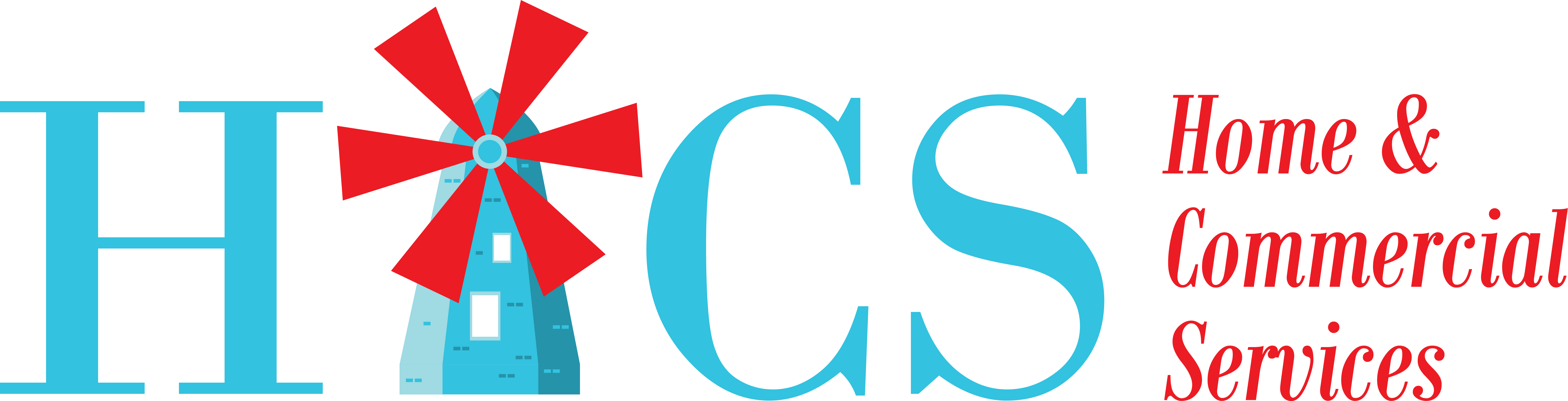HCS in large blue letters with a red windmill replacing the letter I, and red text saying Home & Commercial Services.