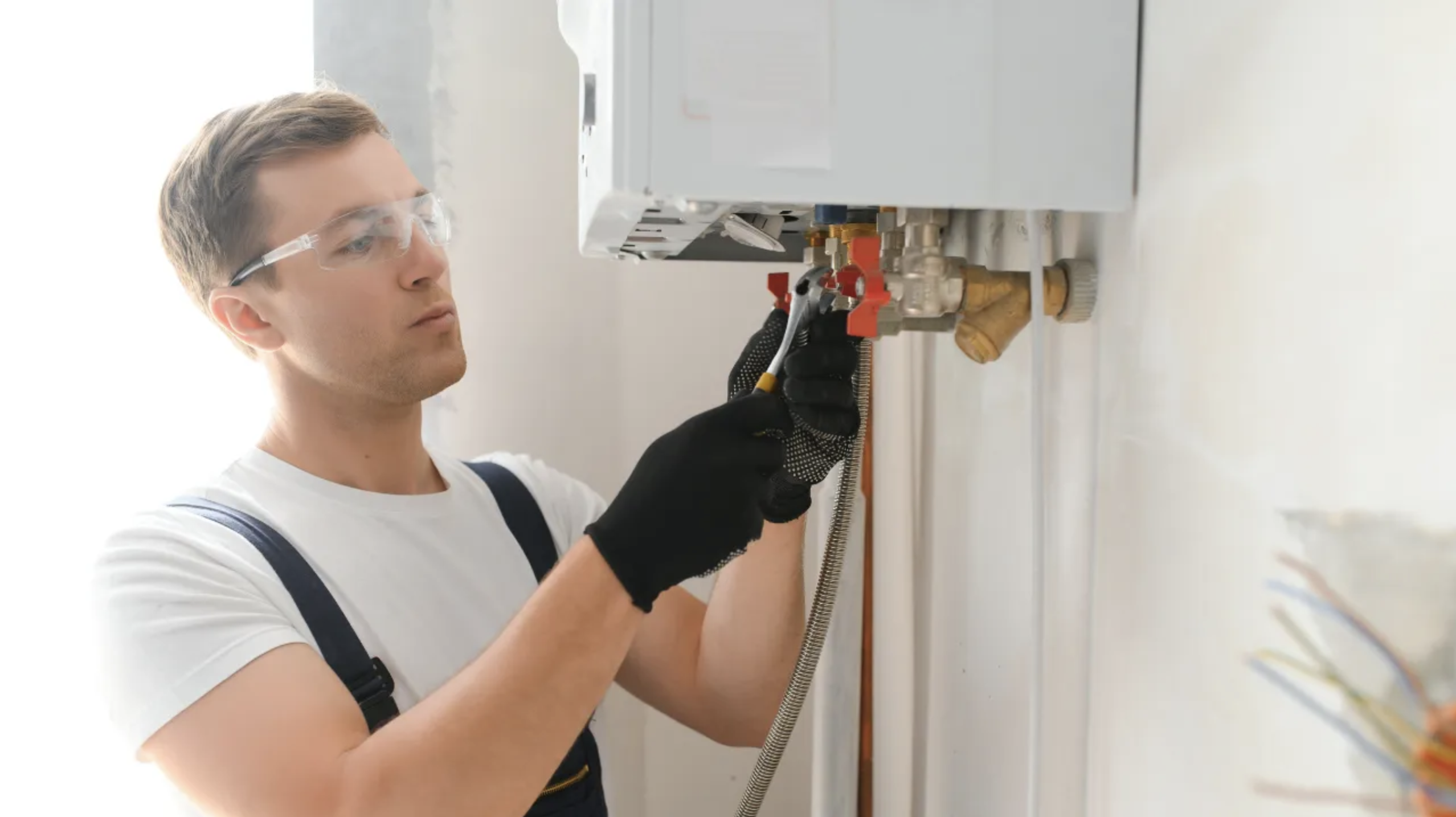 Technician wearing safety glasses and gloves using a wrench to adjust pipes under a white wall-mounted boiler.