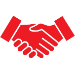 Red handshake icon symbolizing agreement or partnership.